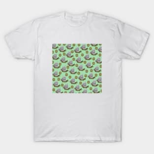 Grey Cat Pattern with Green Ornaments T-Shirt